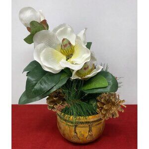 Christmas Floral Holly Pine Arrangement In Brass Planter Happy Holidays Gift